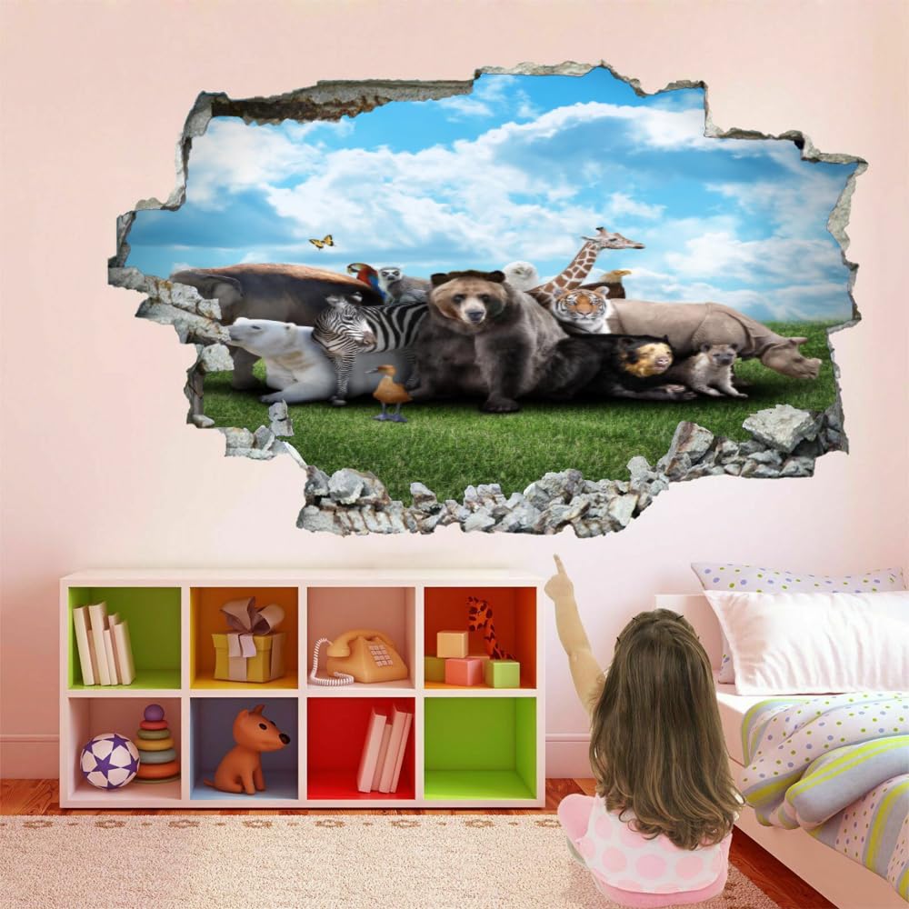 Sticker Mural 3D Ours Animal Stickers Muraux Smashed Art Imperméable Ciel Bleu Et Nuages Blancs Tatouage Mural En Vinyle Pour Enfants Chambre Salon Salle De Jeux Bébé Pépinière Décor À La Maison