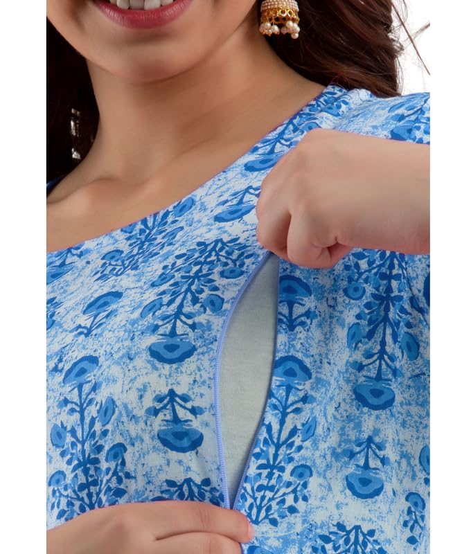Women's Maternity Kurti for Feeding Zippers | Printed Gown for Women | Pregnant Lady Dress | Anarkali Kurti with Zipper | Floral Printed Kurti For Women | Short Sleeve Round Neck Fit & Flare Dress-image-3