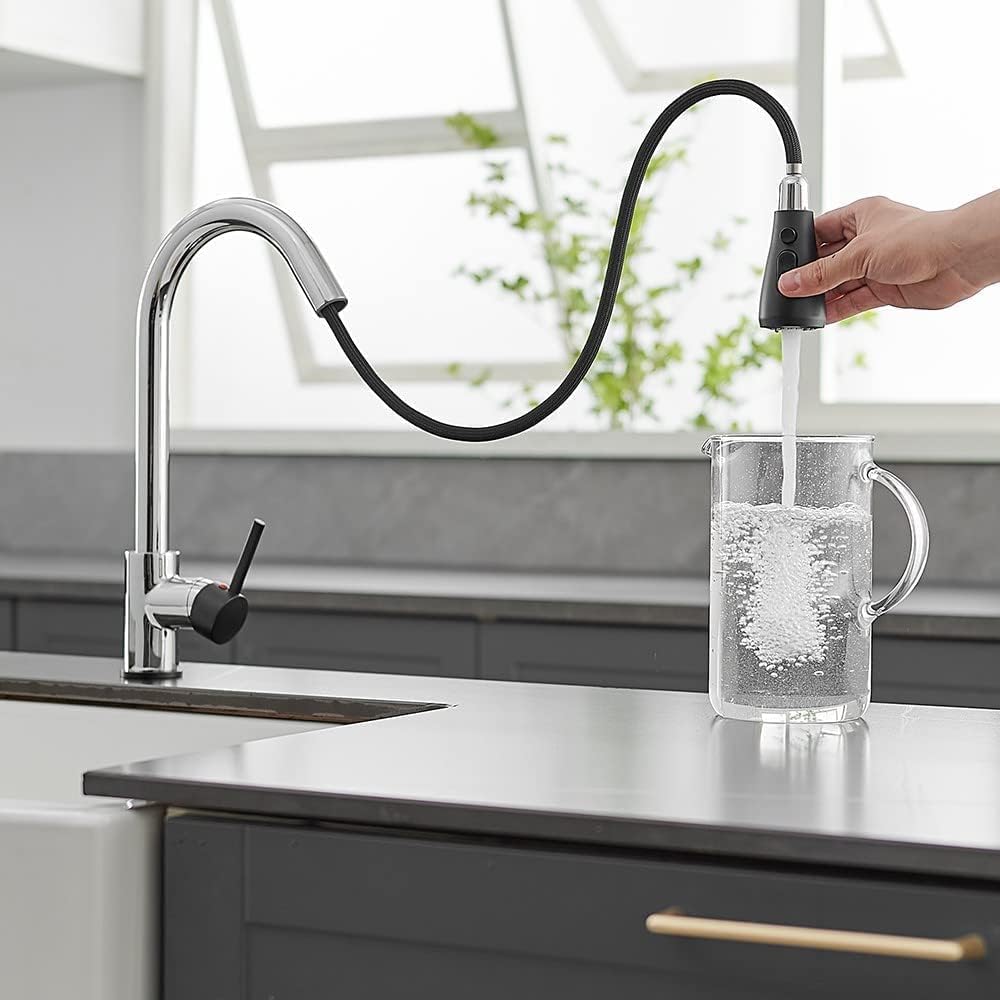 Heable Chrome Kitchen Sink Mixer Tap with Pull Down Sprayer, Black