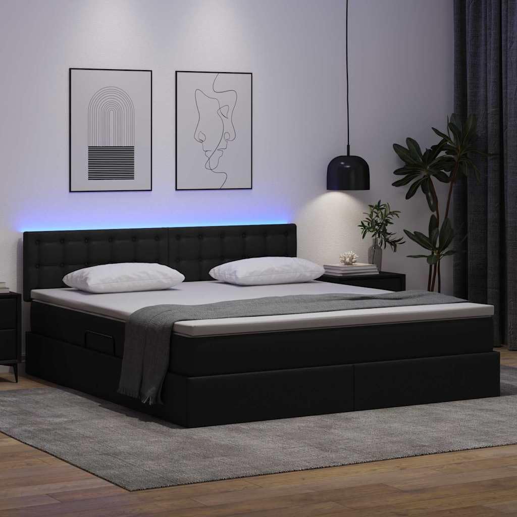 Łóżko z pojemnikiem i materacem z ekoskóry nowoczesne z LED czarny 180x200