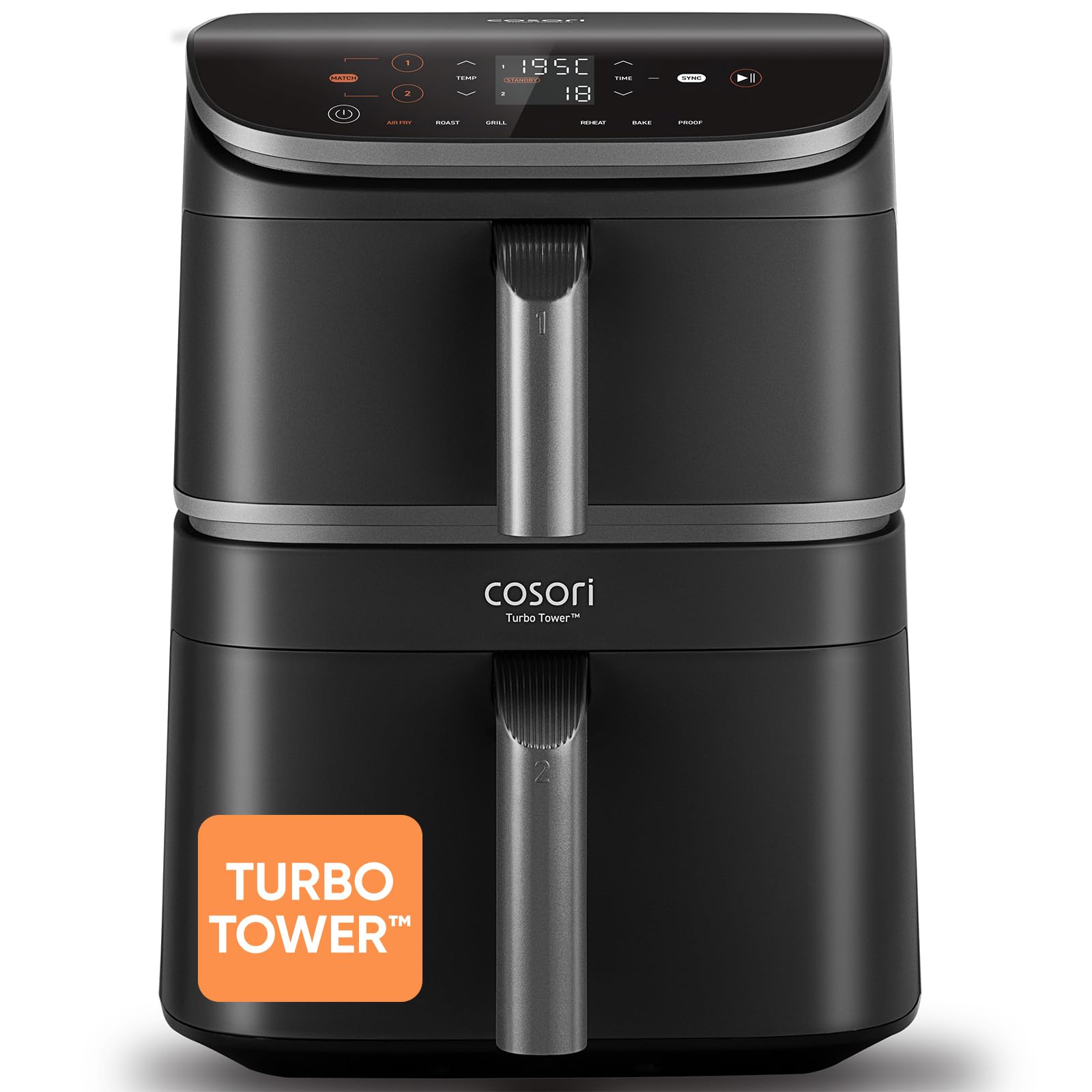 Cosori Air Fryer Turbo Tower 10,8L, 3 Niveaux Cuisson, 6-en-1 | Cuisson Homogène, Design compact, 41% Moins Large que les Double Airfryer Traditionneles, 19+ Recettes