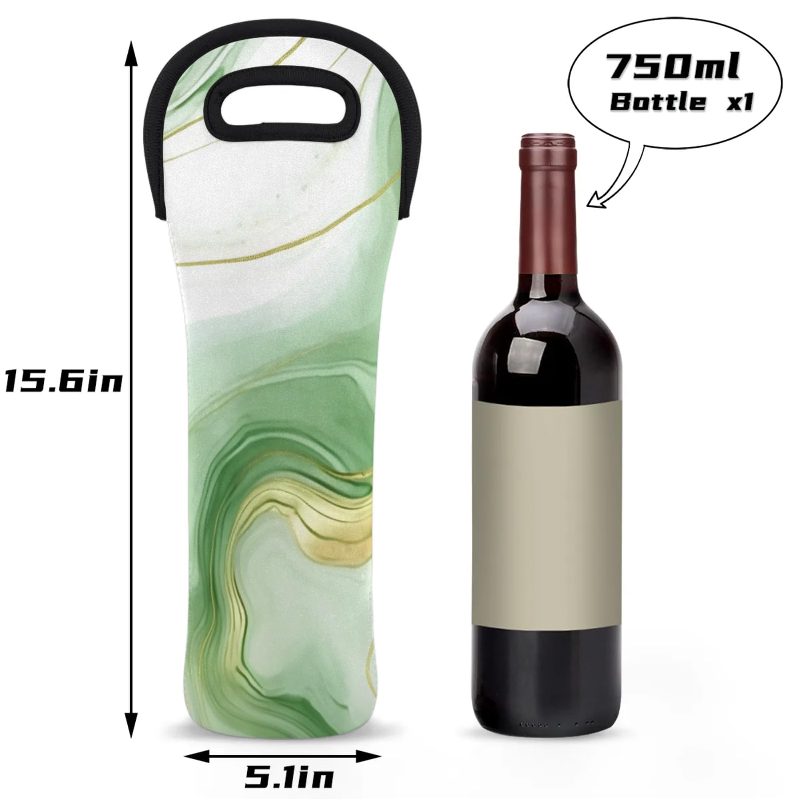 Neoprene Wine Tote Carrier Bag for Wine,Water, Champagne, Beer, Baby Bottles 15.6 x 5.1 Inches, Protective Wine Bag,Green