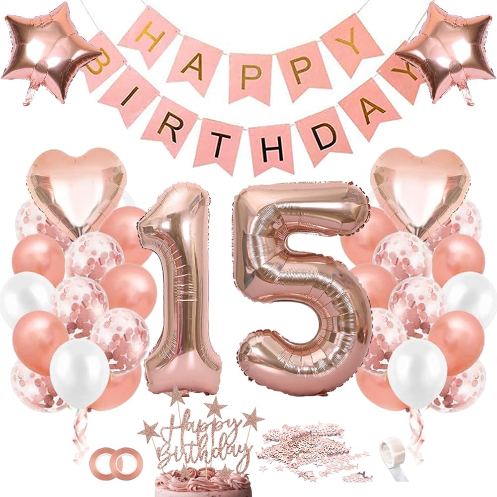 TOPHOPE Luftballon 15. Geburtstag Roségold Folienballon Luftballon Zahlen Geburtstagsdeko Mädchen 15 Jahr Riesen Folienballon Zahl 15 Ballon 15 Deko zum Geburtstag Roségold Happy Birthday