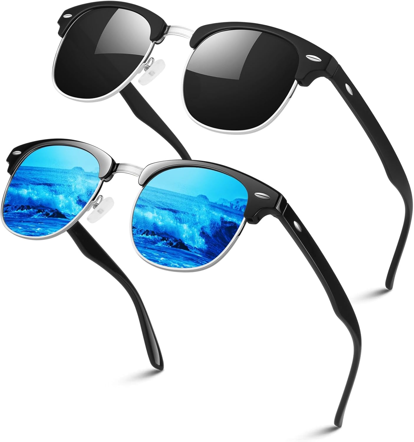 (2 Pack) B Matte Black | Black | Silver Rim / Glossy Black | Blue | Silver Rim