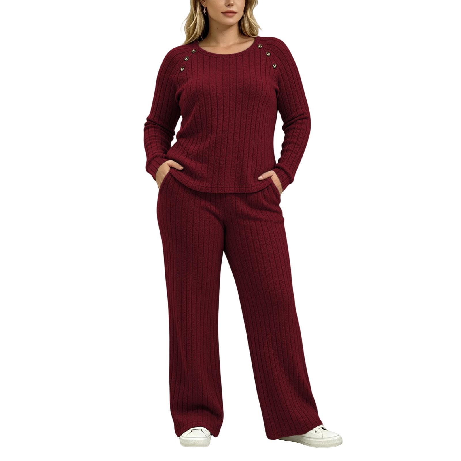Genérico Conjunto de Punto Elegante con Pantalón y Suéter de Botones