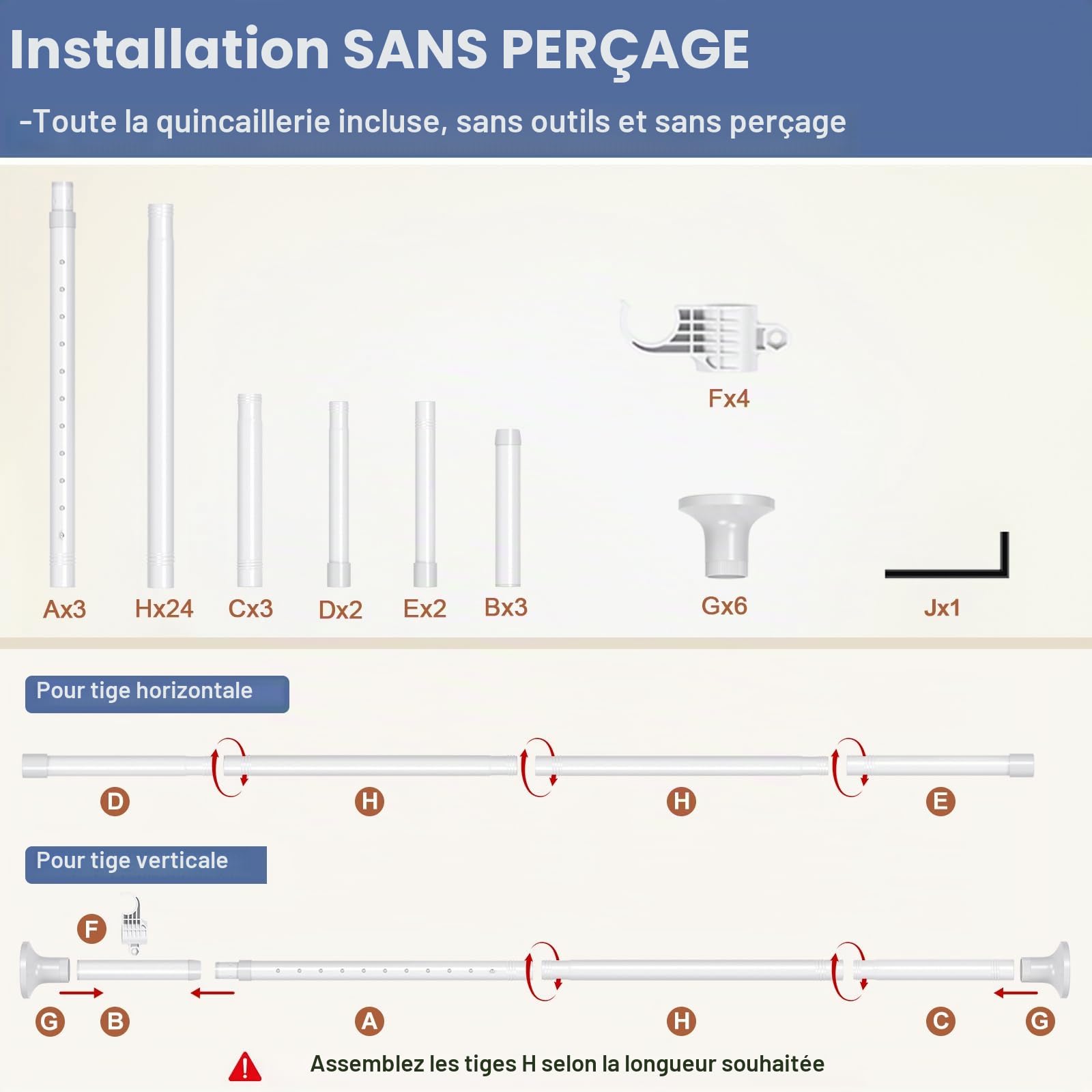 Tringle à rideaux sans perçage, 1,2 à 3 m (H) 71,1 à 289,6 cm (l) réglable et robuste – Séparateurs de pièce – Sans dommages pour cloison d'espace – Blanc