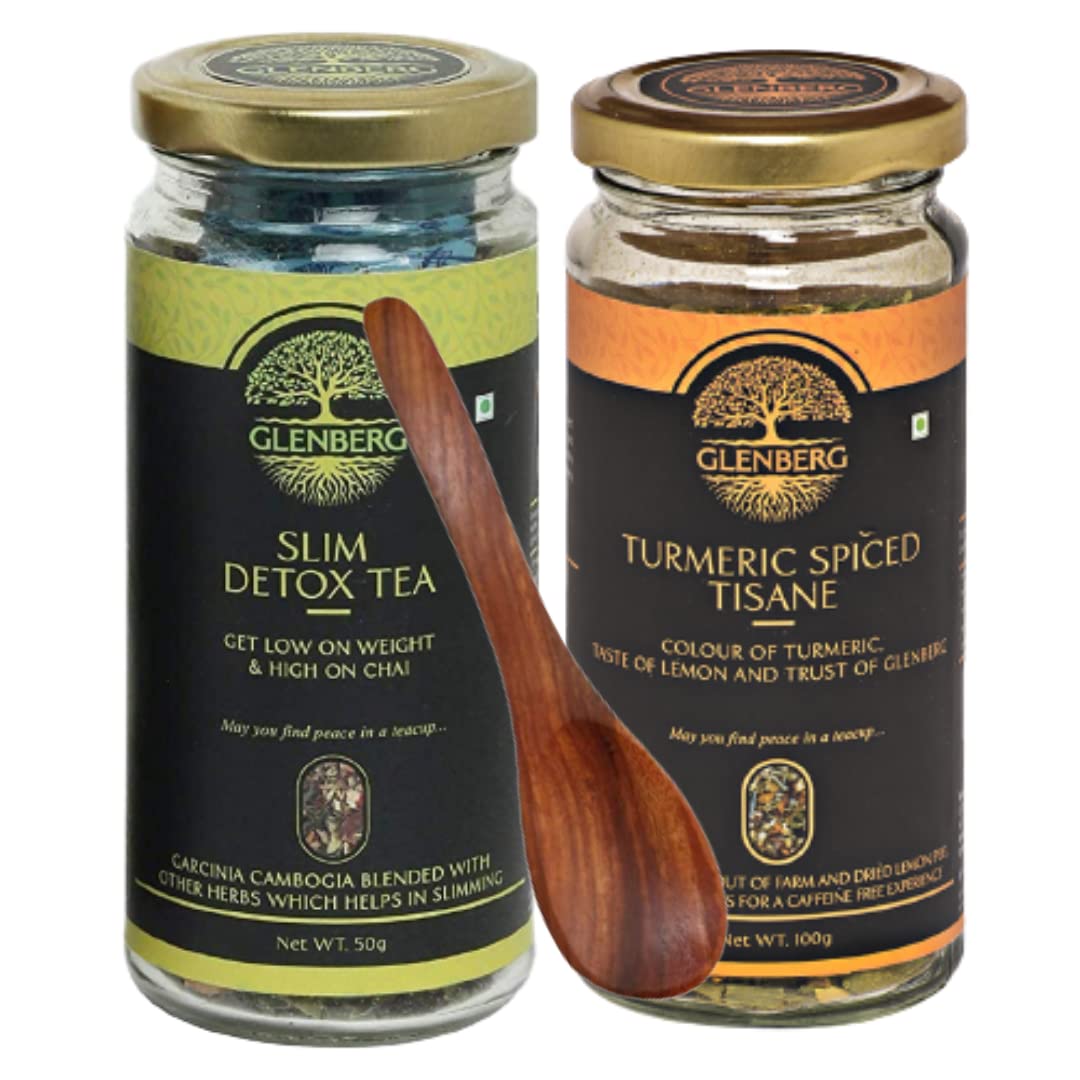 Glenberg Slim Detox & Turmeric Spiced Tisane Combo Pack| Green Tea with Garcinia Cambogia & Caffeine Free Turmeric Tea with Ginger for Immunity | Free Wooden Spoon| (50 Gm, 25 Cups + 100 Gm, 50 Cups)