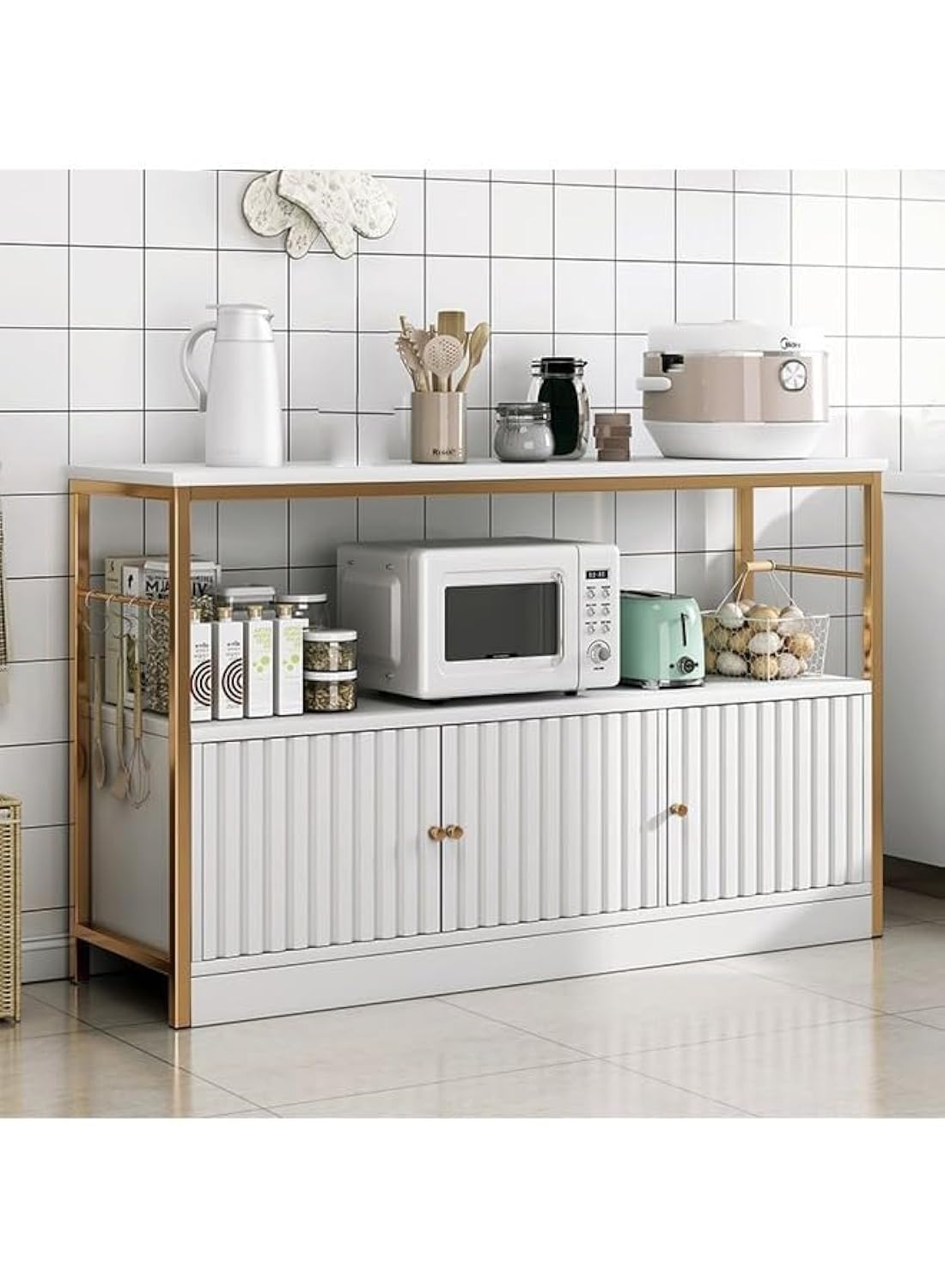 NKX 2-Tier Kitchen Storage Shelf Rack with 3 Door Cabinet, Large Storage Rack, Microwave Oven Stand, Spice Organizer