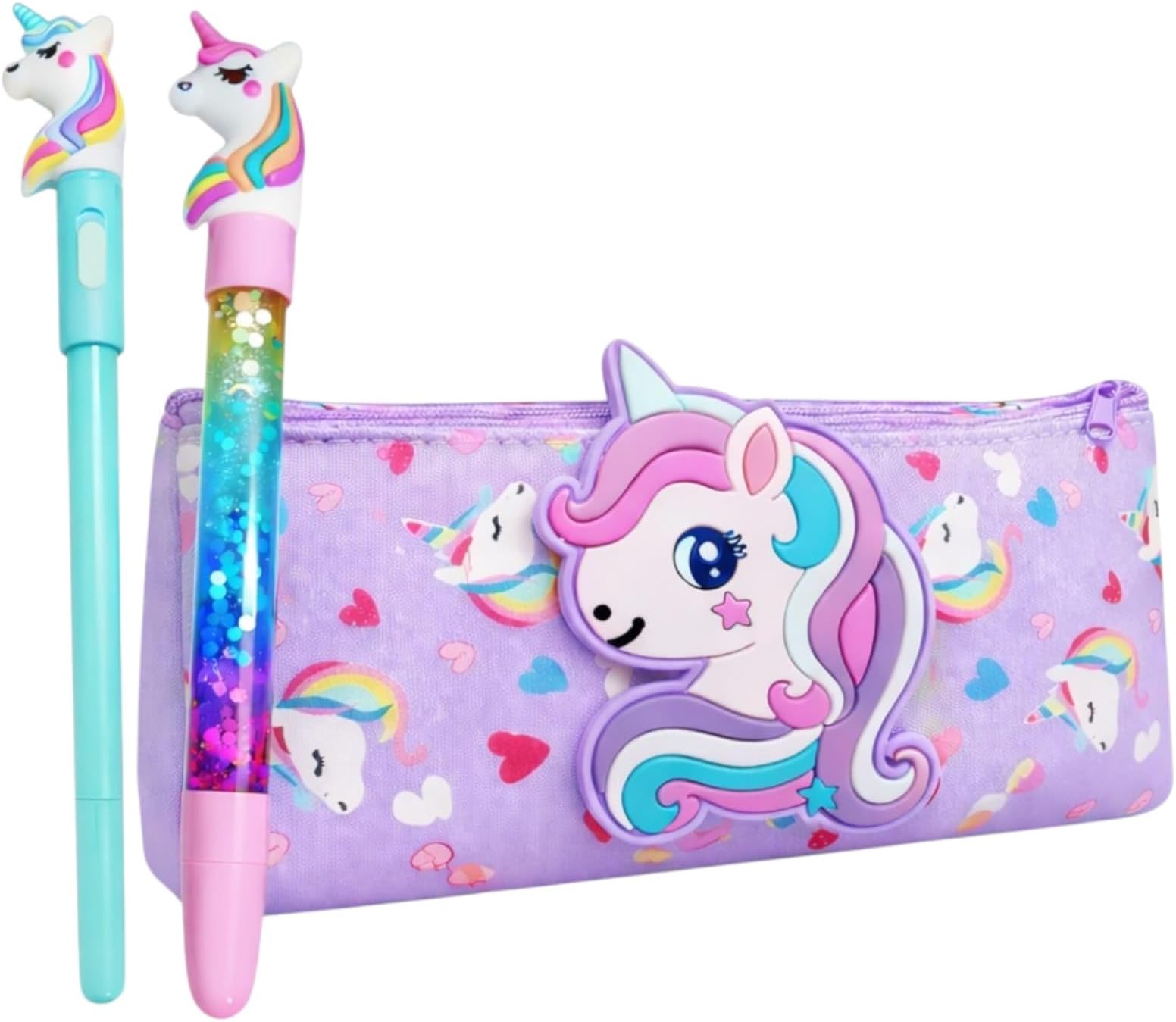 TERA 13 Unicorn Pencil Pouch With Led Pen & Glitter Pen (Pack Of 3 Items) Kawaii Cute Stationery Set For Kids, School Stationery Organizer, Lightweight Durable Pencil Pouch Gift Set