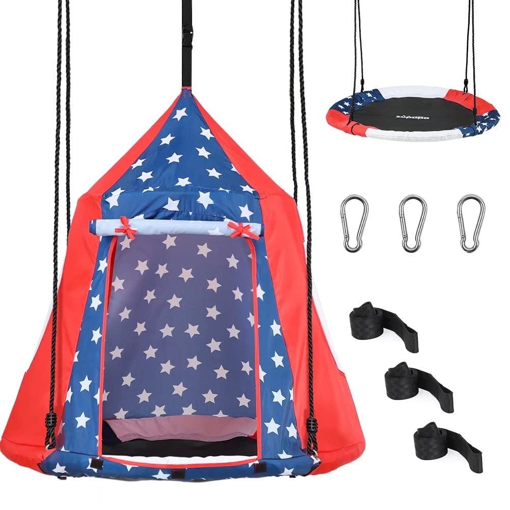Zupapa 40 Inch Saucer Tree Swing with Tent for Kids Adults 400lb Indoor and Outdoor Swings Include Adjustable Hanging Straps in Backyard 2 in 1 Detachable Tents Playhouse Added(Flag Element)
