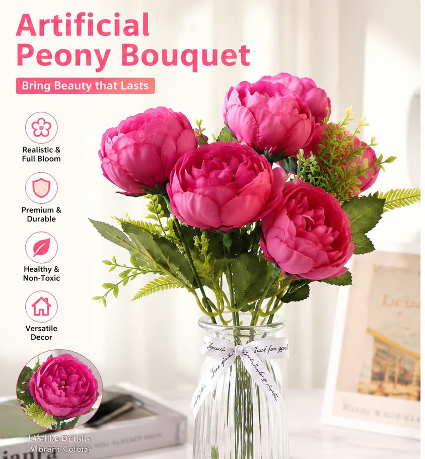 Image of CURATED CART 1 Bunch Artificial Peony Rose Flower Bouquet (Pink) | 5 Flower Heads, for Home Decor, Office, Bedroom, Balcony, Table Display, Wedding Decoration (Without Vase Pot)