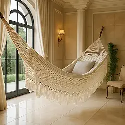 Rede de Descanso Bucho de Boi XGG, 4,5m, Suporta até 350kg, Algodão, com Franjas Decorativas (Branco)