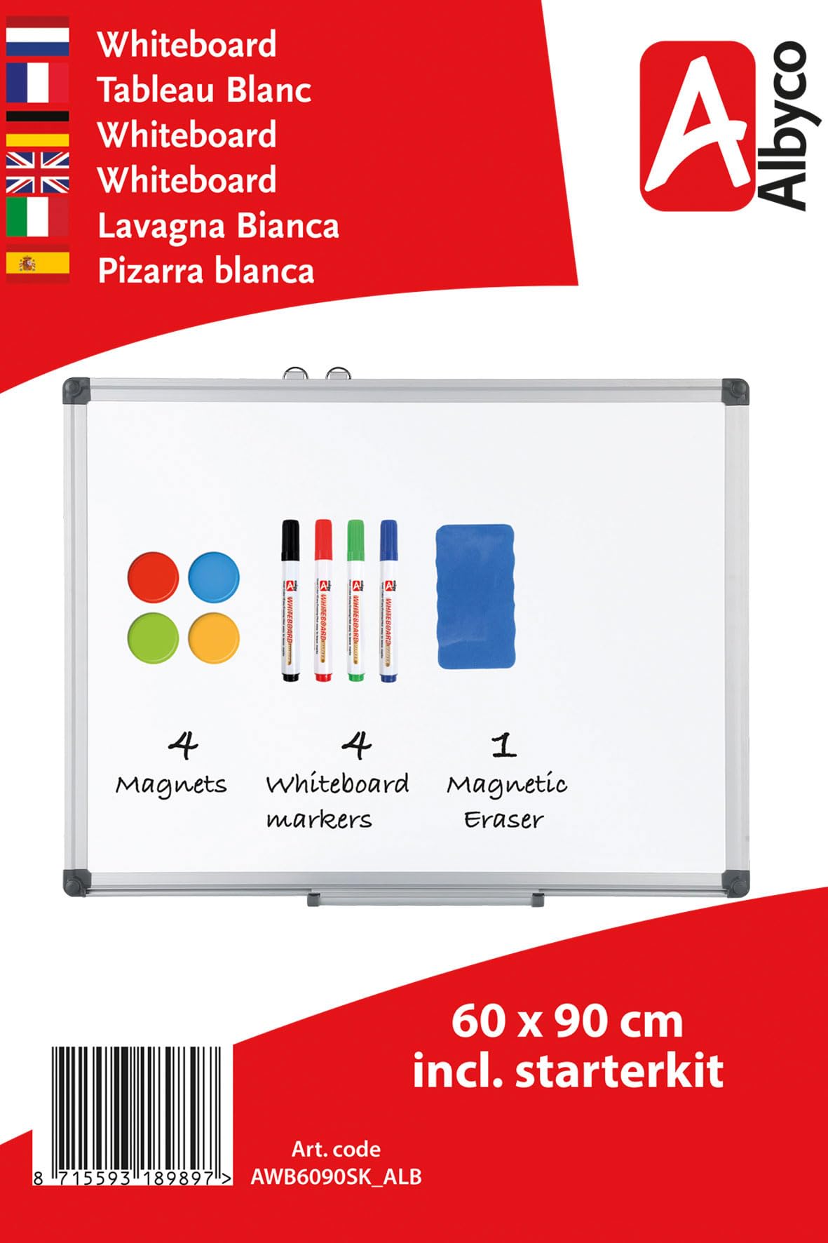 Tableau blanc Albyco 60 x 90 cm - Kit de démarrage inclus - Marqueurs - Aimants et effaceur - Effaçable à sec.