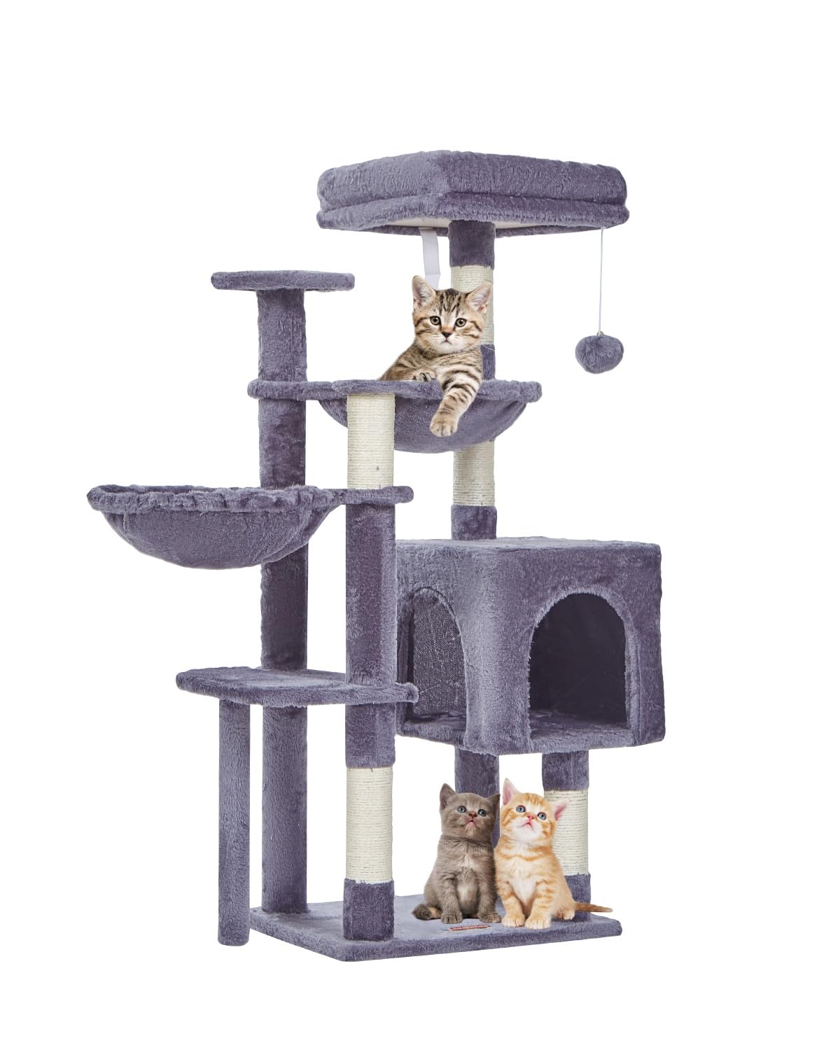 Taoqimiao Cat Tree, 39.4-Inch Cat Tower for Indoor Cats,Suitable for Kittens,Plush Cat Condo with 5 Scratching Posts, Plush Perch,2 Hammock,Pompoms, MS019G Smoky Gray