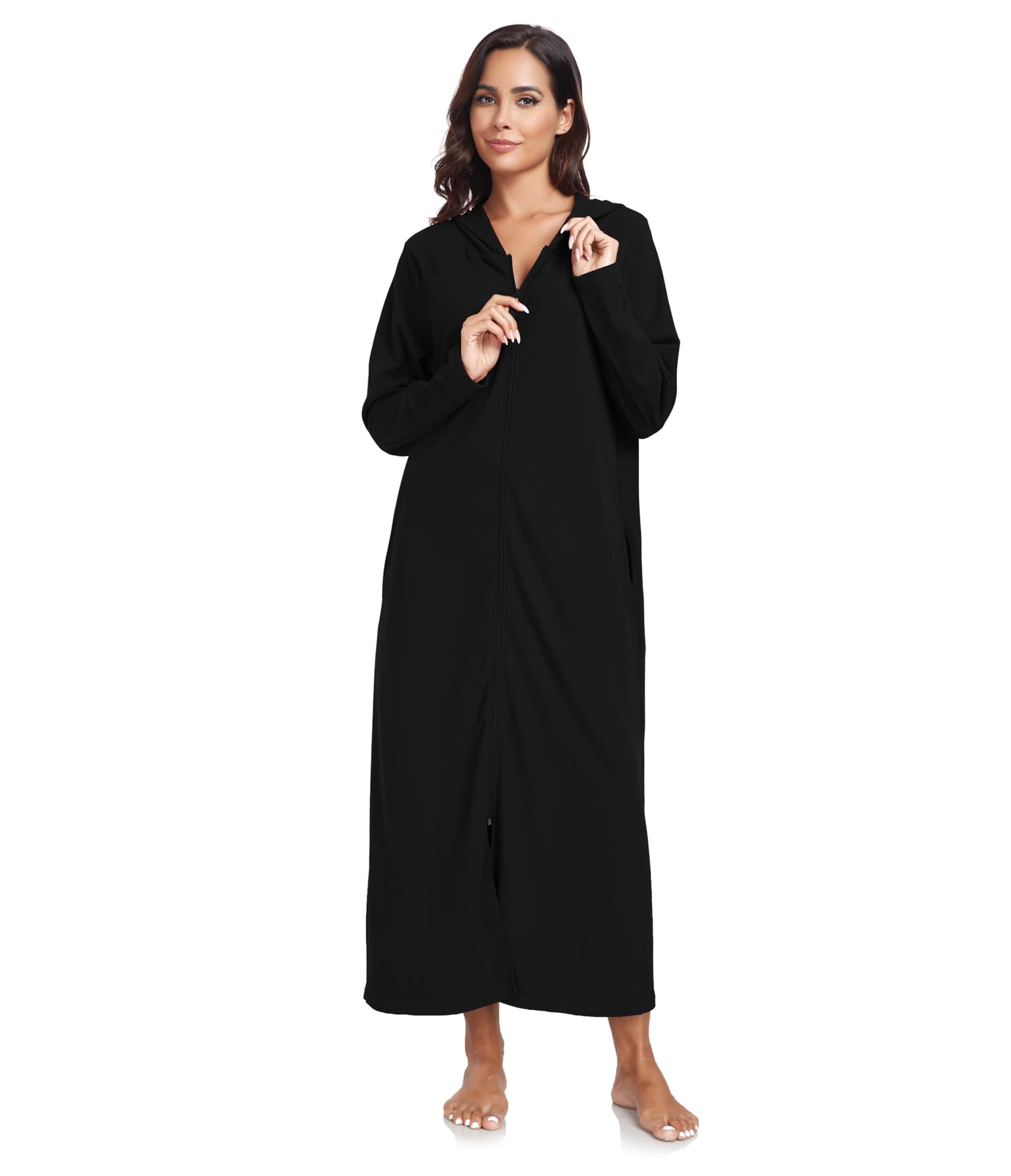 COLORFULLEAF Damen Reißverschluss Bademantel Langarm Kapuze Fleece Bademantel Weich Warm Hausmantel Loungewear mit Taschen