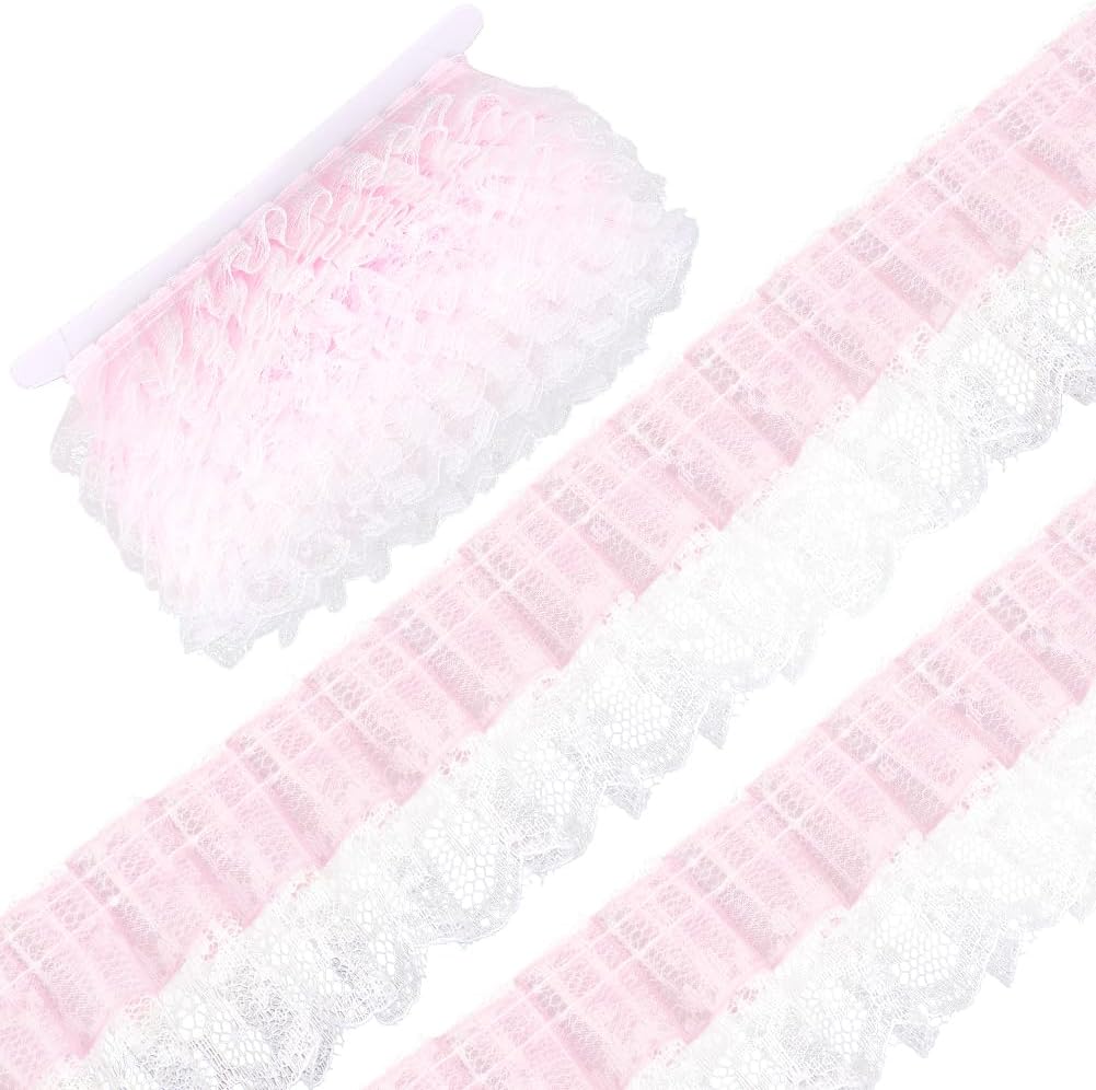 GORGECRAFT 10 Yards 2 Layer Lace Ribbon Pleated Organza Trim 2 Inch Wide Pink Gathered Ruffled Tulle Fabric Mesh Edging Trimmings Applique for Clothing Embroidered Wedding Dress Sewing Crafts Bouquets