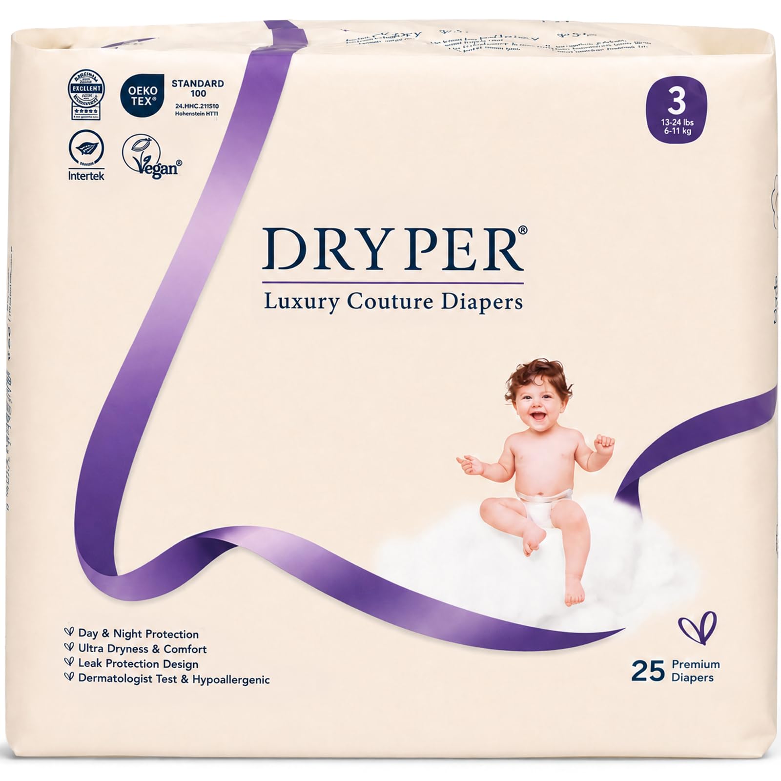 Trial Pack Baby Diapers - DRYPER Size 3 Diapers (13-24 lbs), 25 Count, Hypoallergenic Disposable Diaper, Ultra-Soft &amp; Thin, with Wetness Indicator, Oeko-TEX Standard 100