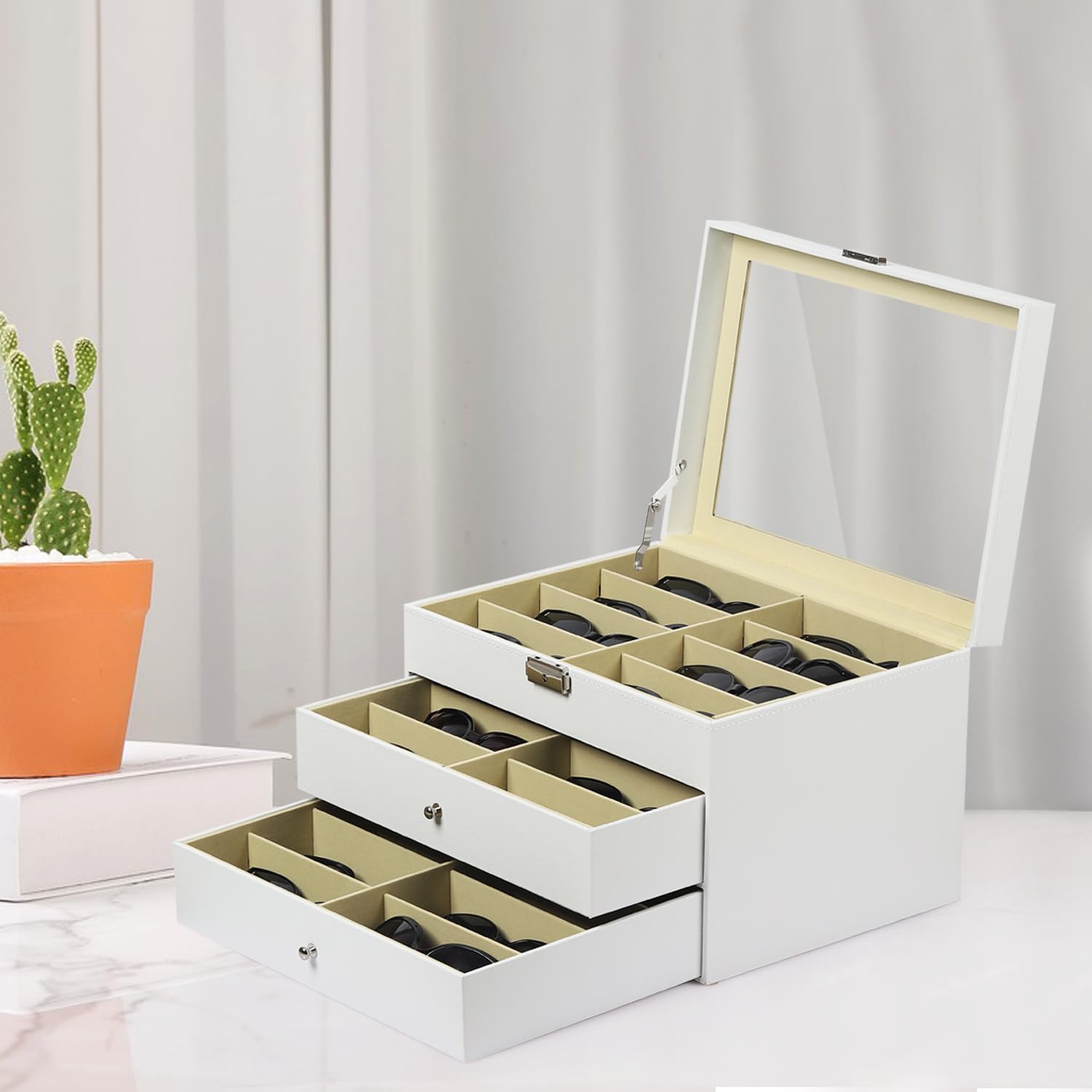 AUTOARK Organizer per occhiali da vista e da sole,in pelle,con serratura,24 pezzi,Bianco,AW-172