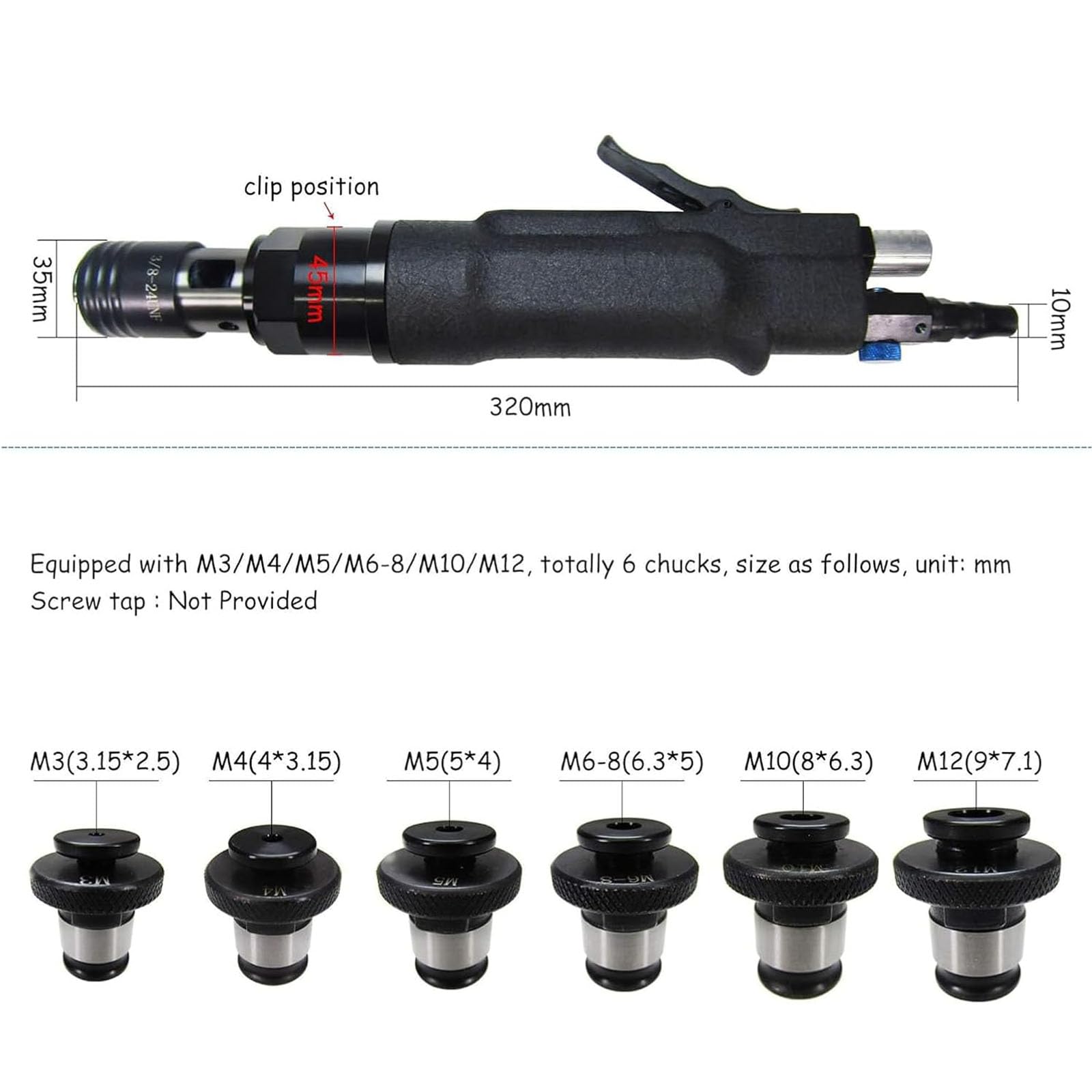 Maschiatrice pneumatica Portatile M3-M12, maschiatrice Manuale Professionale, Trapano maschiatore Pneumatico per lavori di maschiatura di Fori ciechi in Metallo, Legno, plastica, getti