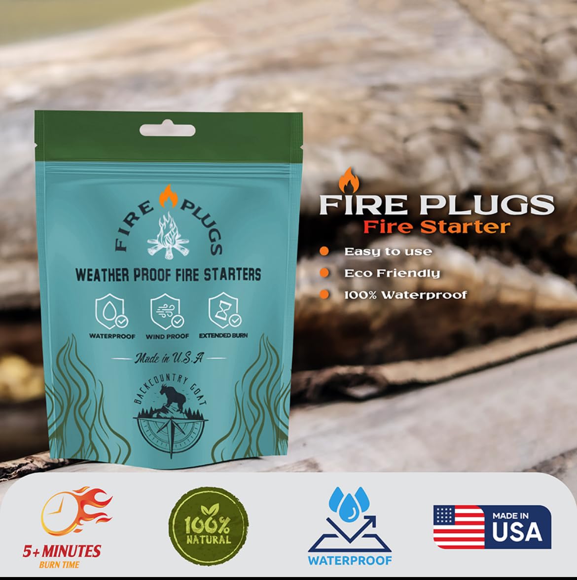 (50 Plug Pack) Backcountry Goat Premium Fire Plugs | Fire Starters for Indoor Fire Places, Campfires, BBQ, Smokers, Fire Pits & Emergencies | 100% Waterproof Fire Starter | All Natural Easy to Light
