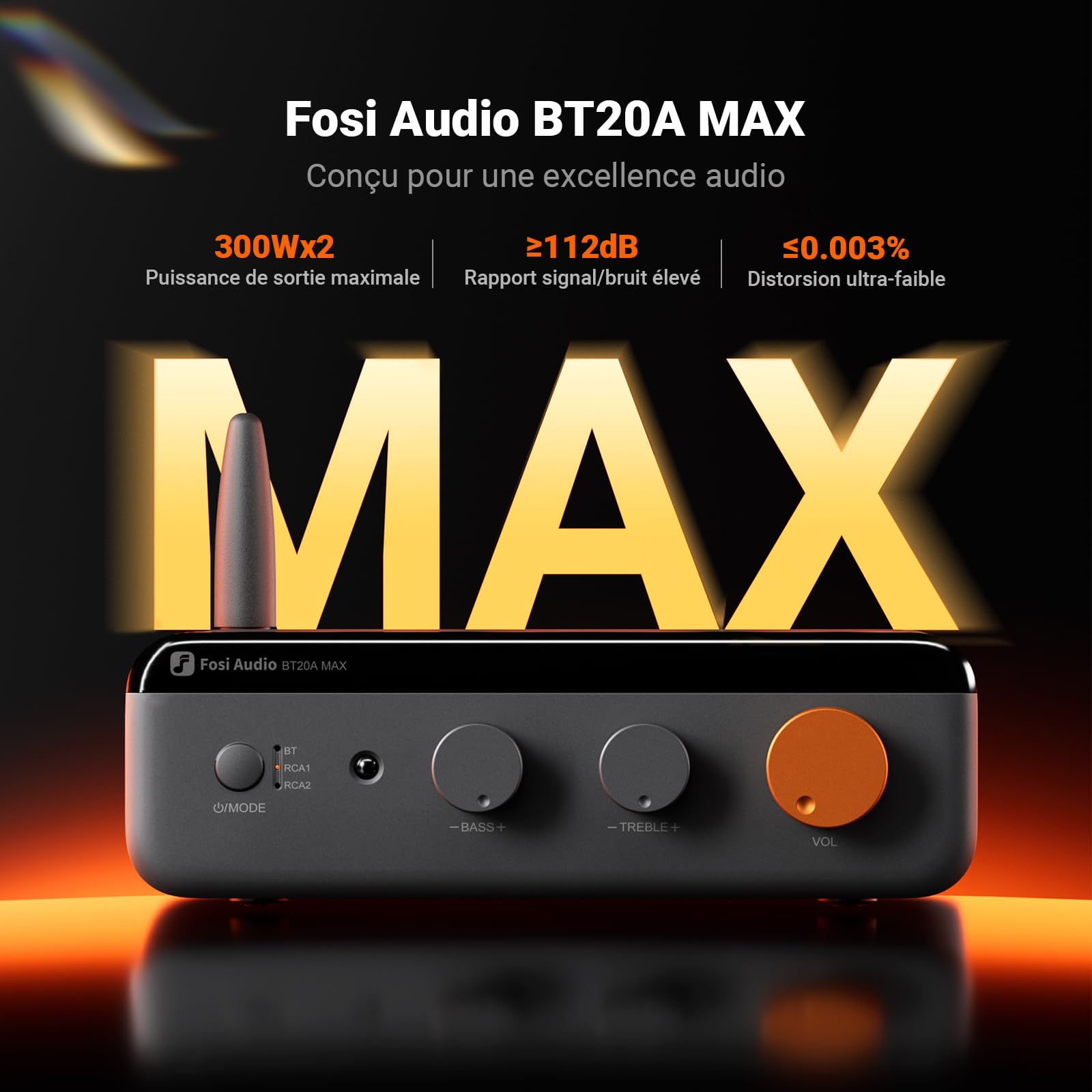 Fosi Audio BT20A Max Amplificateur de Puissance Stéréo, 300W x 2 Ampli Bluetooth, Audio Hi-FI avec Technologie PFFB, Double Alimentation Indépendante, Télécommande, Amplis pour Les Systèmes 2.1