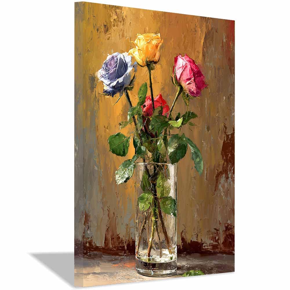 Xeniou Multicolor Flower Posters Ros Vase Canvas Wall Art, For Bedroom Office Home Decorations(Multicolor)-70X100cm Framed