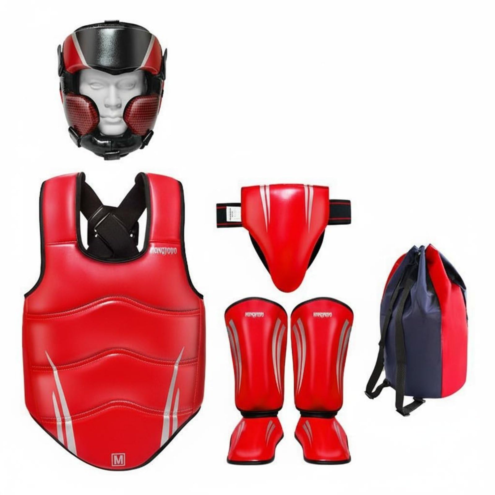 5 Pièces Équipement d'Entraînement de de Ensemble de Protège-tête Plastron Coquille Protège-Tibias Protection Matériaux Durables PU Réglages par , Red , L