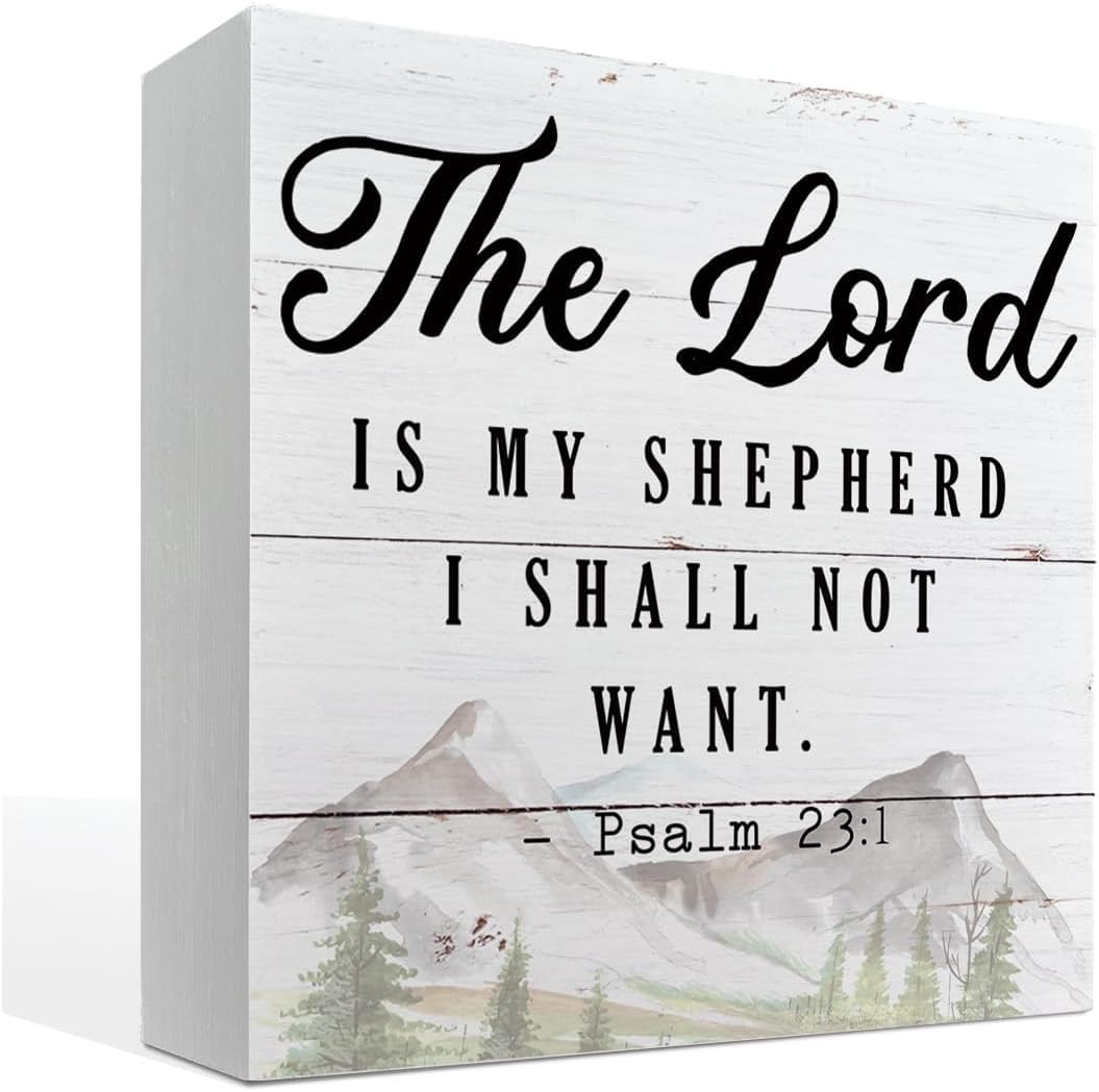 Pibonto Desk Decor Box Sign Tabletop Decor,Decorative Sign,Freestanding Wooden Block Sign,Religious Decor,Christian Decor,Living Room Decor,Psalm 23 - The Lord Is My Shepherd 5X5