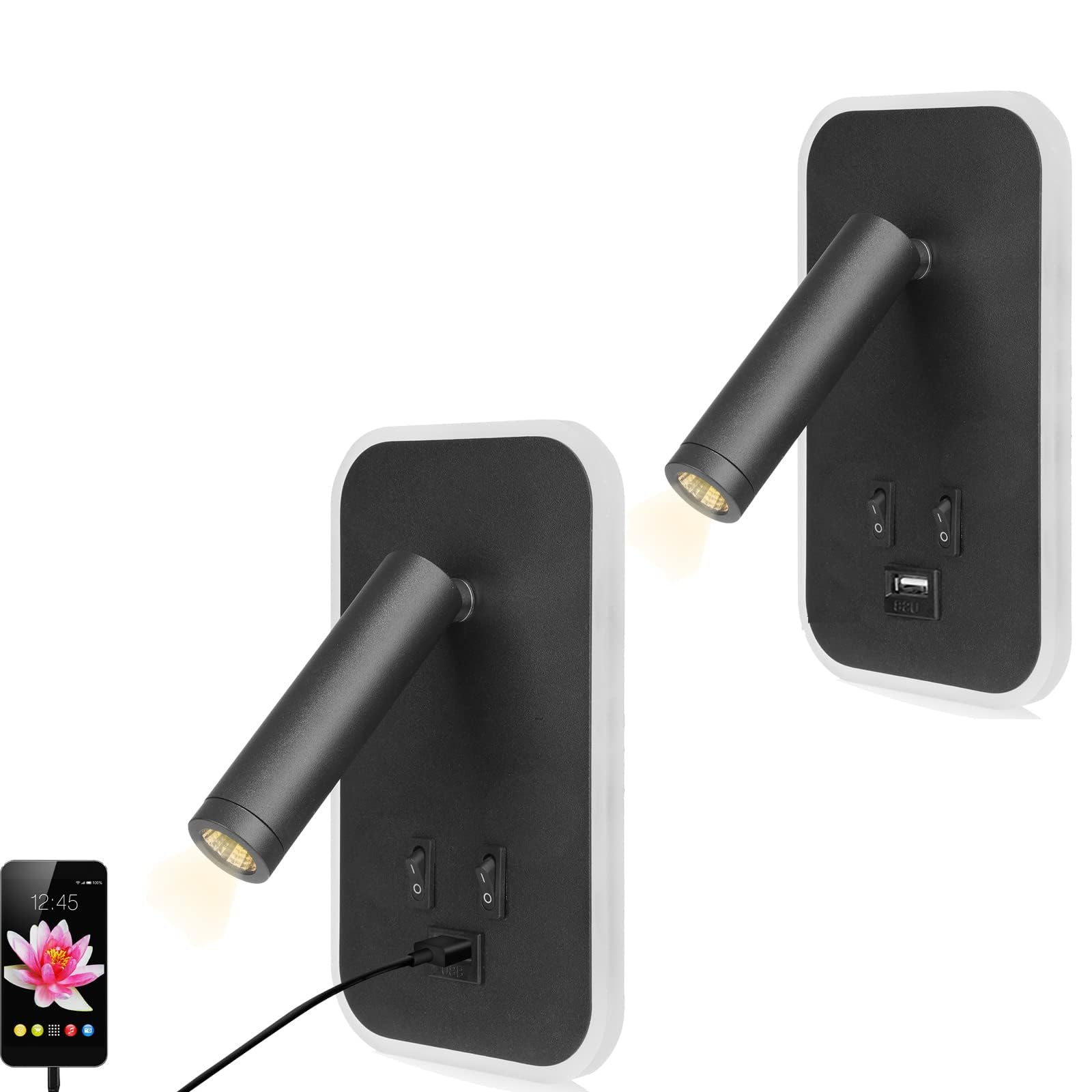 Weigudoc 2pcs Lámpara de Pared LED, Luz de Lectura Junto a la Cama, Aplique de Pared Cabecera Ajustable, con Puerto de Carga USB e Interruptor, Luces de Pared de Pasillo (Negro)