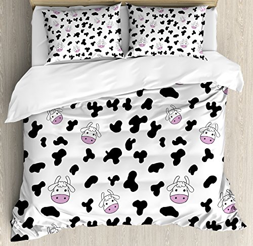 Flash Deals - 80% OFF Ambesonne Cow Print Duvet Cover Set, Animal Cow Hide Pattern Doodle Cartoon Drawing Farming Husbandry, Decorative 3 Piece Bedding Set with 2 Pillow Shams, King Size, Black