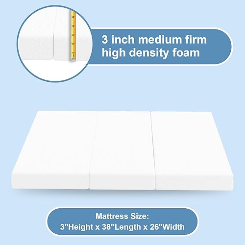 Miniatura 4 de Mini colchón triple de 3 pulgadas de largo x 26 pulgadas de ancho, bolsa de almacenamiento incluida, funda resistente al agua y extraíble, lavable a