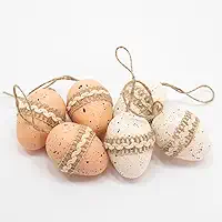 Kit 6 Ovos de Páscoa Bege Branco Enfeitado Pendente Decorativo