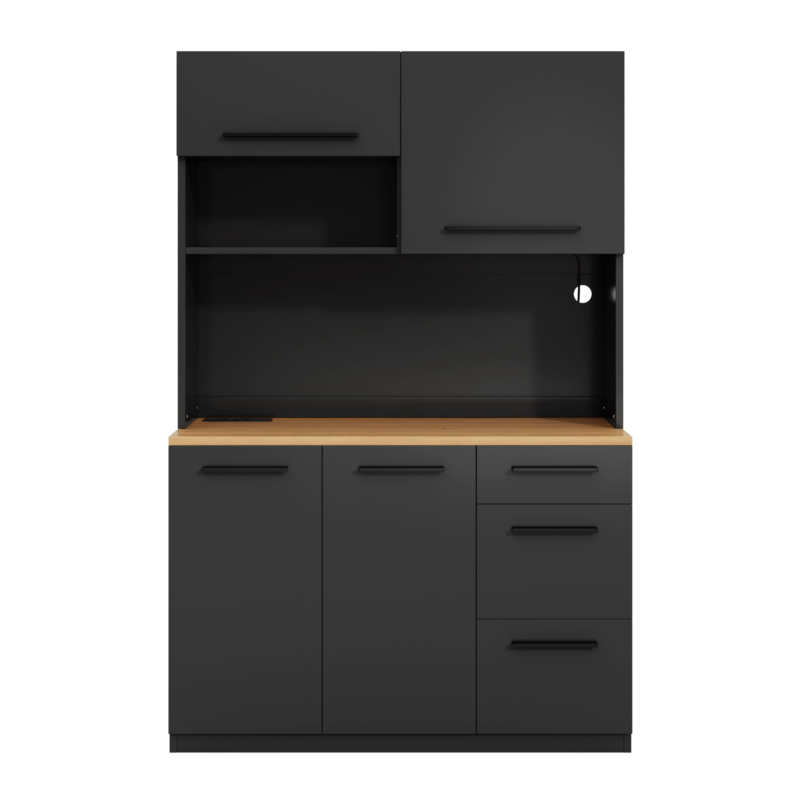 Küchenbuffet mit LED und Steckdosen, Schwarz | 120 x 40 x 180 cm | USB-A/USB-C | Gasdruckklappe | Verstellbare Böden
