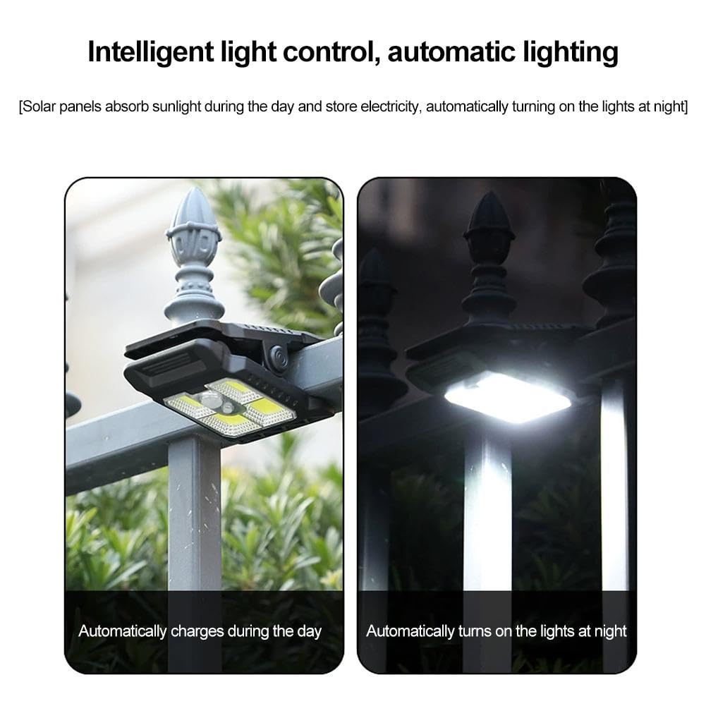 Confezione da 2 luci solari con sensore di movimento per esterni, con clip, impermeabili, ad alta luminosità, alimentate a energia solare, luci di sicurezza per recinzioni esterne e campeggio