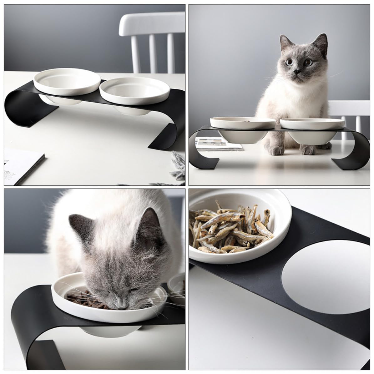 Comedero para Mascotas Cuencos de Cerámica y Soporte de Hierro Resistente, Doble Tazón Elevado para Gatos y Perros Pequeños, Diseño Simple y Práctico en Color Blanco