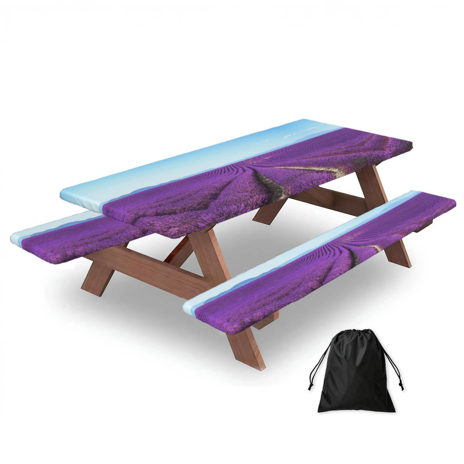 WXWJSHMGC Romantic Lavender Print 3 Pcs Picnic Table Cover With Bench Covers Camping Tablecloth With Storage Bag Windproof Waterproof Picnic Table