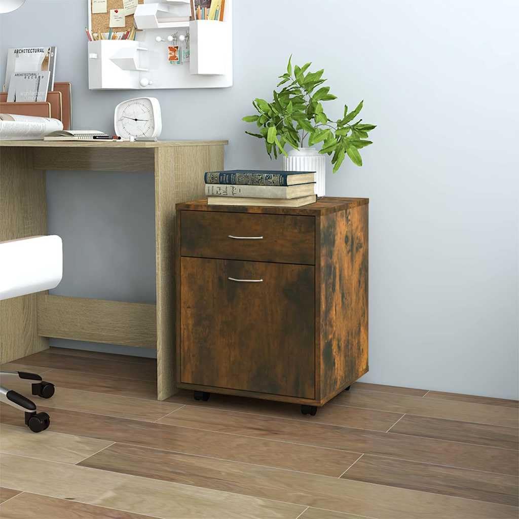 Rollschrank Räuchereiche Holzwerkstoff 45x38x54 cm mit Schublade und Fach, mobiler Aufbewahrungsschrank für Büro, Wohnzimmer, Flur, Stauraum und Ordnung