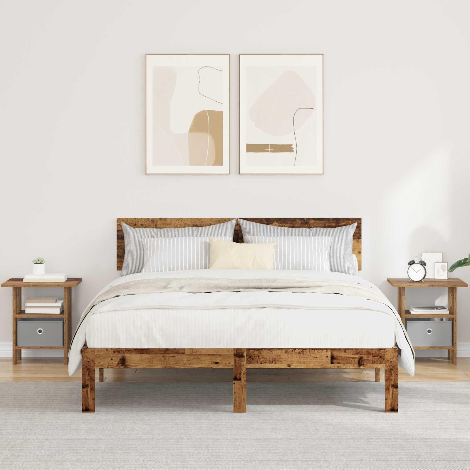 Table de nuit bois vieilli lot de 2 avec espace de rangement et tiroir discret