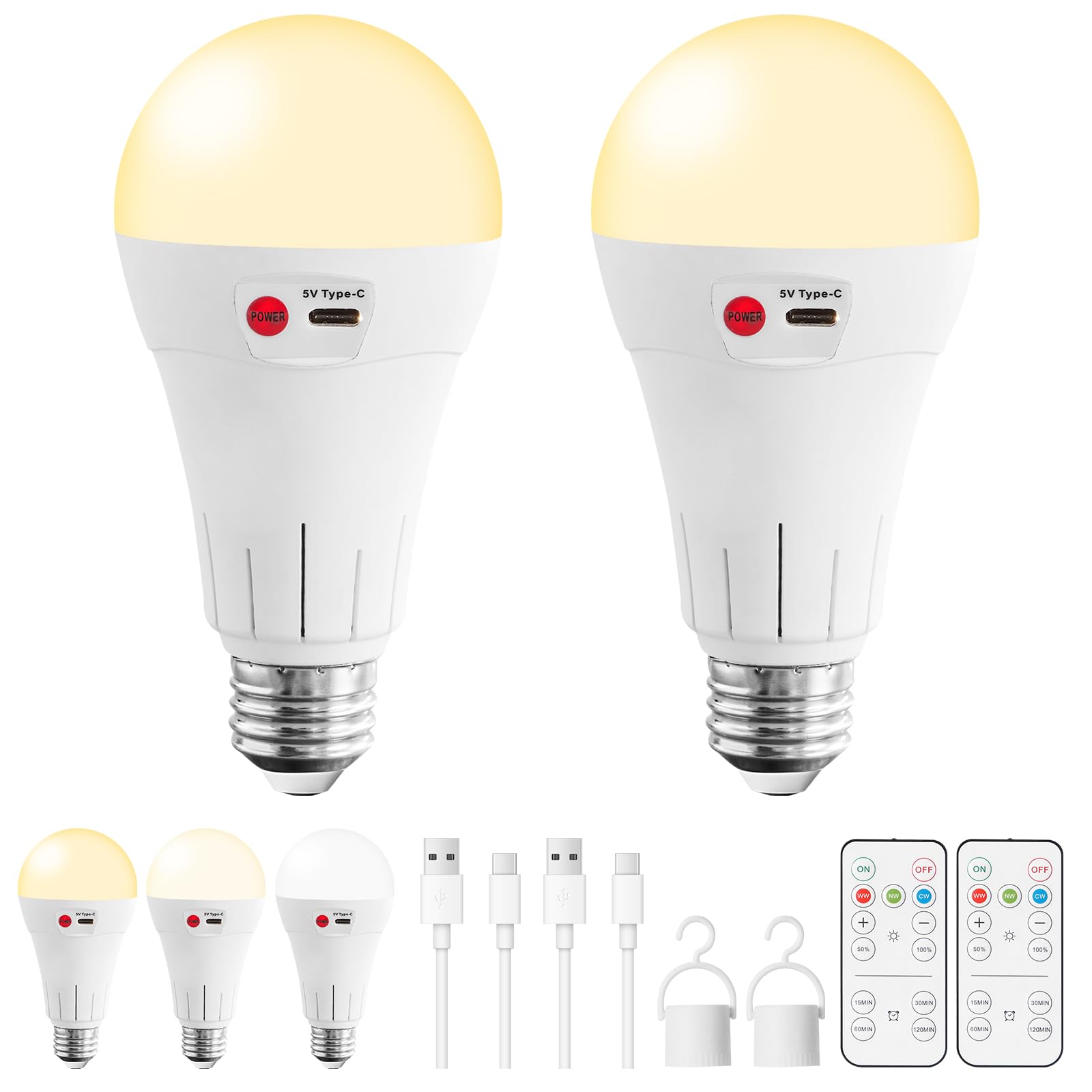 Vitnucrol 2 Pack Rechargeable Light Bulbs with Remote, E26 Wireless Battery Operated Light Bulb for Lamps, 2600mAh Dimmable Timer A21 Standard