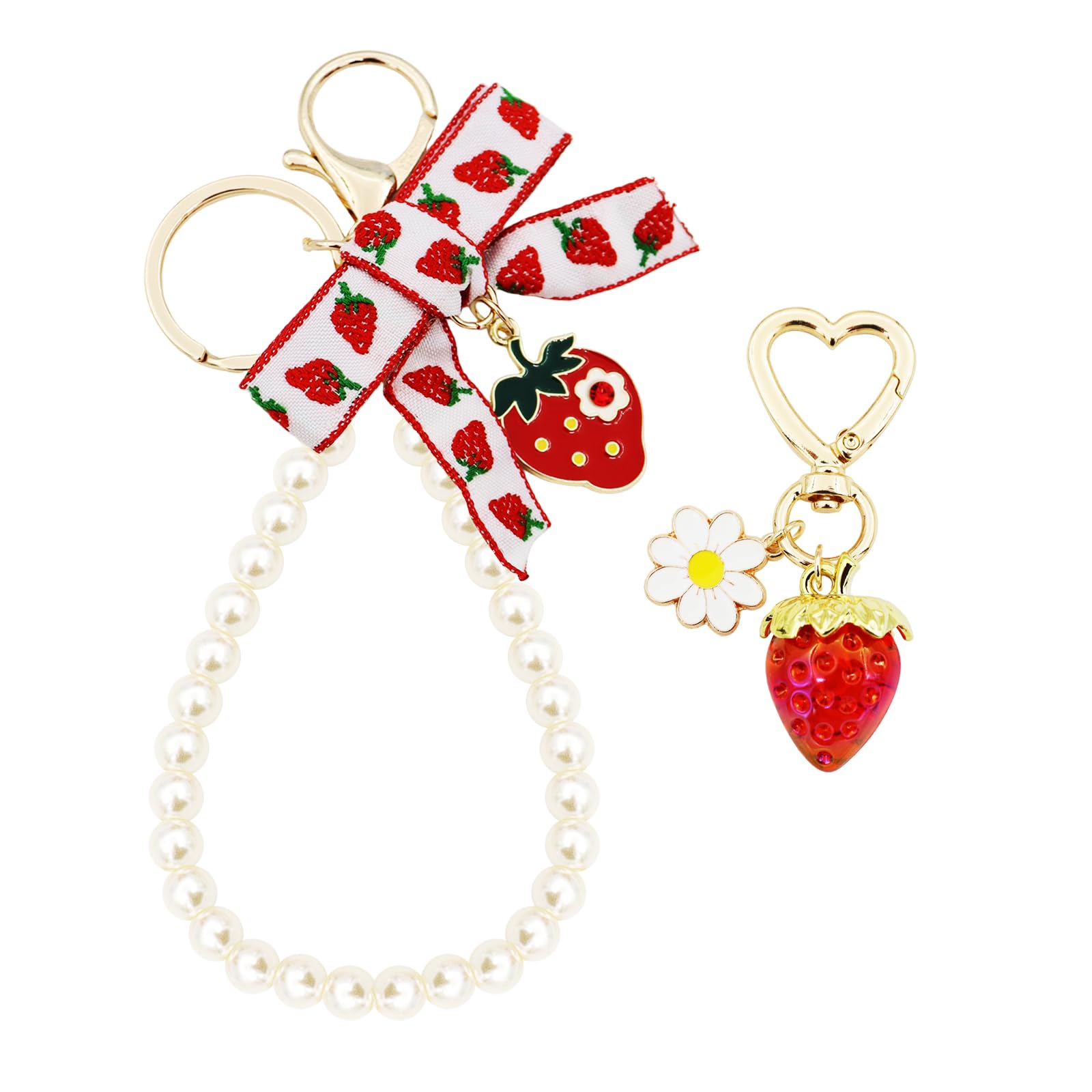 2Pcs Keychains Set Cute Keychain Bag Charms for Purse, Backpack, Luggage, Pearl Key Wristlet Gift for Women Girls
