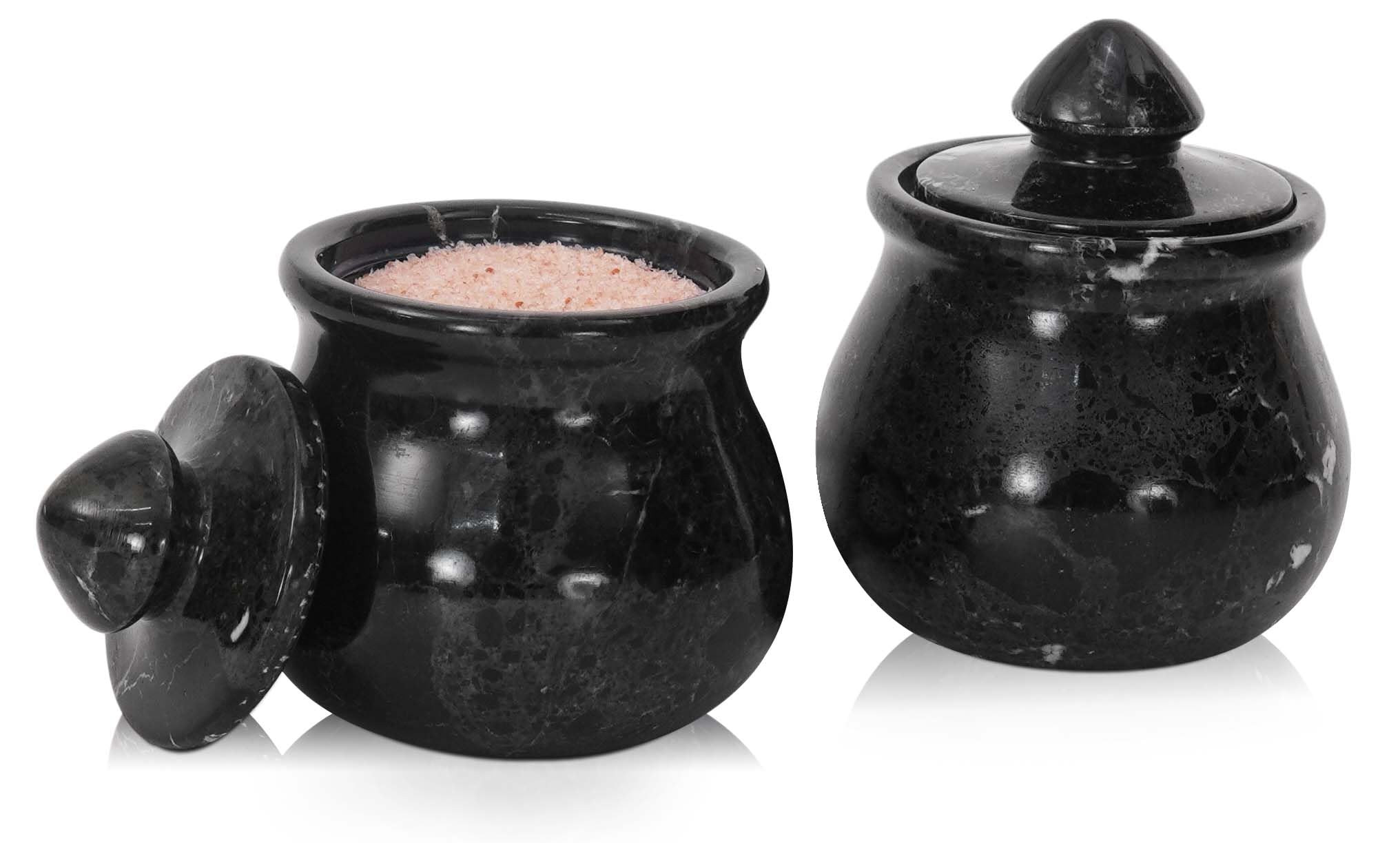 Salero de mármol con tapa de 3.5 pulgadas, color negro, hecho a mano, juego de 2, cuenco decorativo para sal y pimienta para encimera de cocina, especias, azúcar, hierbas y almacenamiento de