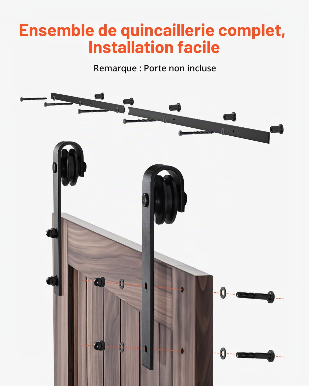 VEVOR Kit Quincaillerie de Porte Grange Coulissante Simple, 200 cm, Rail Durable et Rouleau J, Charge 150 kg, pour Portes 914,4-1016 mm de Largeur 34,92-44,45 mm d'Épaisseur, Noir, Porte Non Incluse