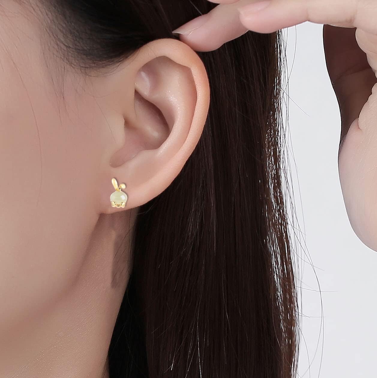 14K Gold Jade Rabbit Stud Earrings, Natural Jade Stud Earrings, Birthday Gift for Wife, Girlfriend, Daughter