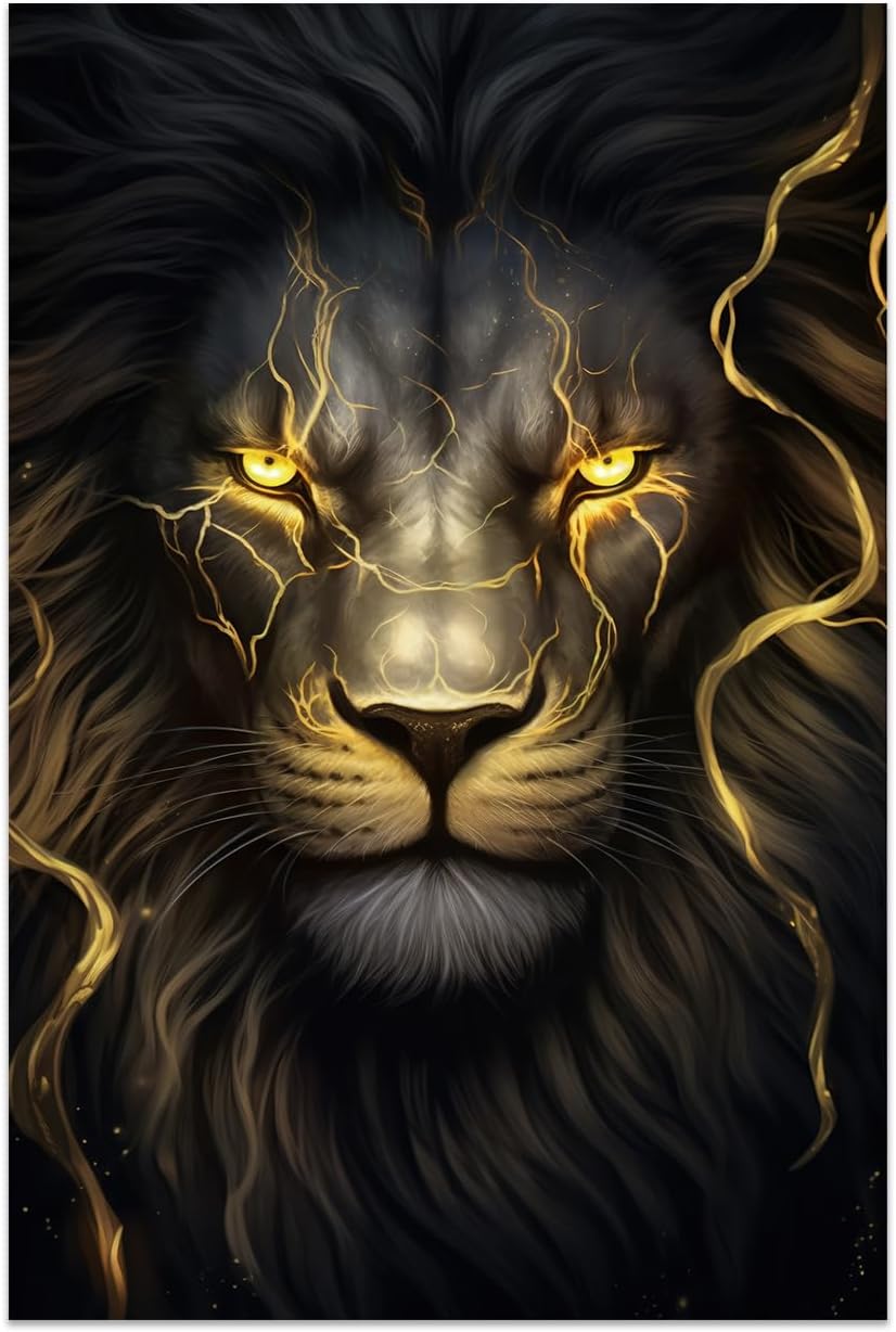 DOARTDO Lion Canvas Wall Art - Black and Gold Animal Wall Decor with Gold Eye Lion Picture Print Artwork for Living Room and Bedroom (12.00" x 18.00")