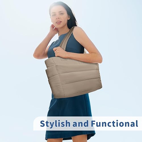 Miniatura 3 de TOPDesign Bolsa Tote Acolchada para Mujer, Bolso de Mano Ligero Inflado con Compartimentos, Bolsa de Hombro Acolchada para Trabajo, Viajes, Gimnasio