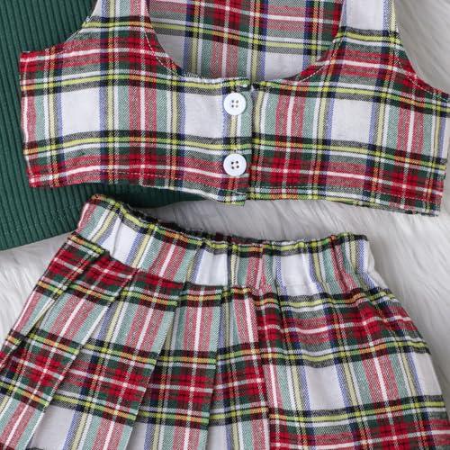 Image of Toddler Girls Christmas Outfits Girls Puff Sleeve Knit Ribbed Tops Button Down Vest Plaid Skirt Set Winter Clothes