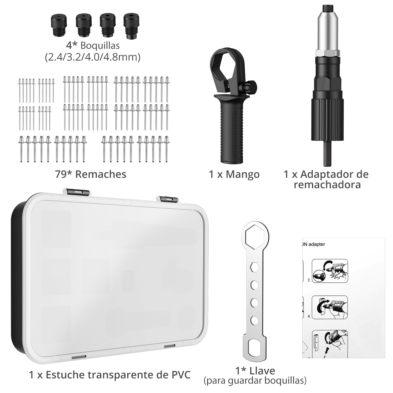 AUTOUTLET Accesorio de Remache para Taladro Destornillador Inalámbrico, Adaptador de Remache Eléctrico con Remaches de 79 piezas 2,4/3,2/4,0/4,8 mm para Remaches Ciegos (Negro)