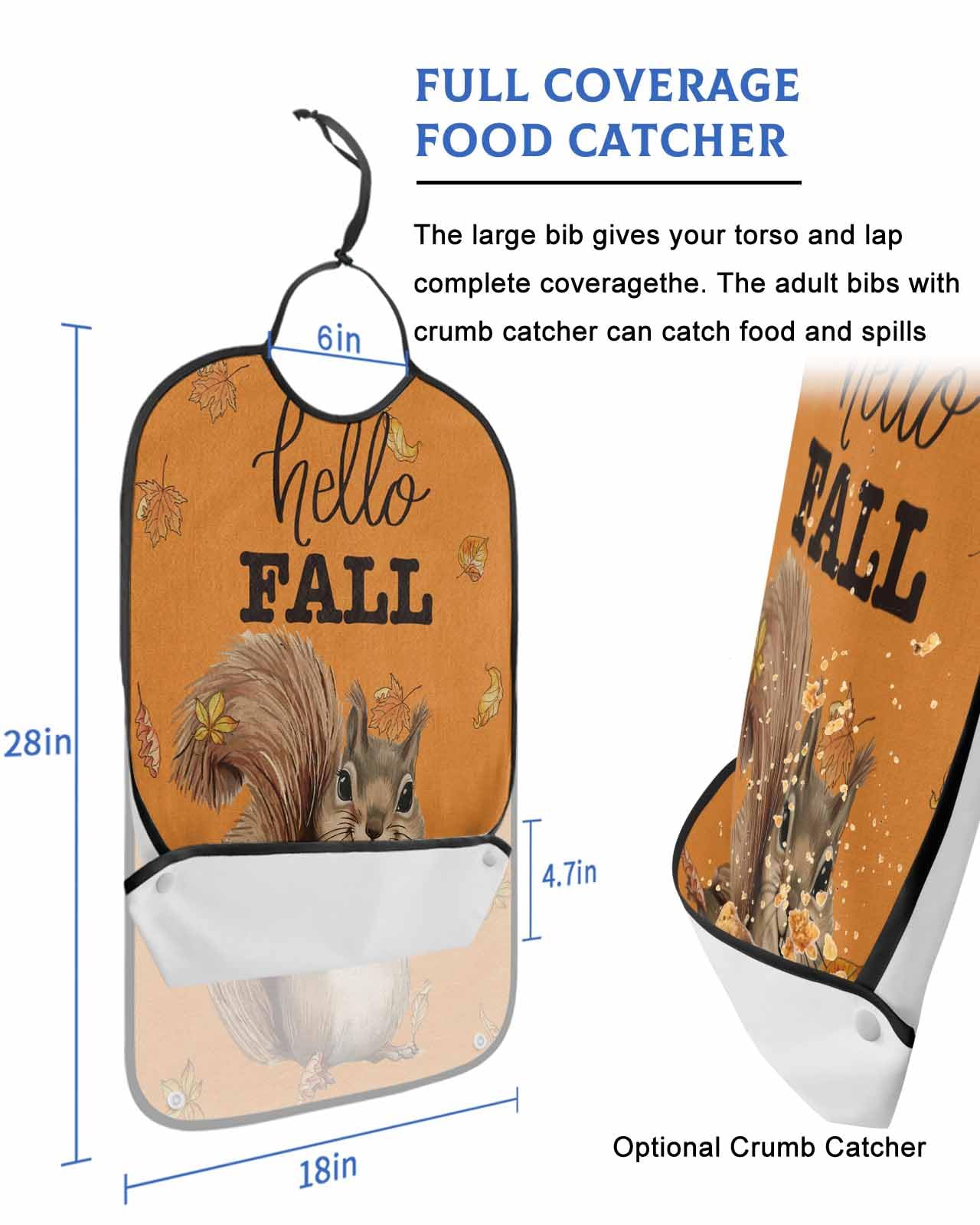 Adult Bibs for Eating, Squirrel Fall Leaves Orange Thanksgiving Washable Elderly Adult Bibs for Men Women Large Reusable Adjustable Clothing Protector with Optional Crumb Catcher