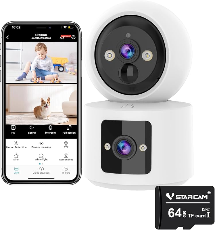 Câmera interna para gatos VSTARCAM com 2 lentes, resolução 2K, visão noturna colorida e cartão Micro SD de 64 GB