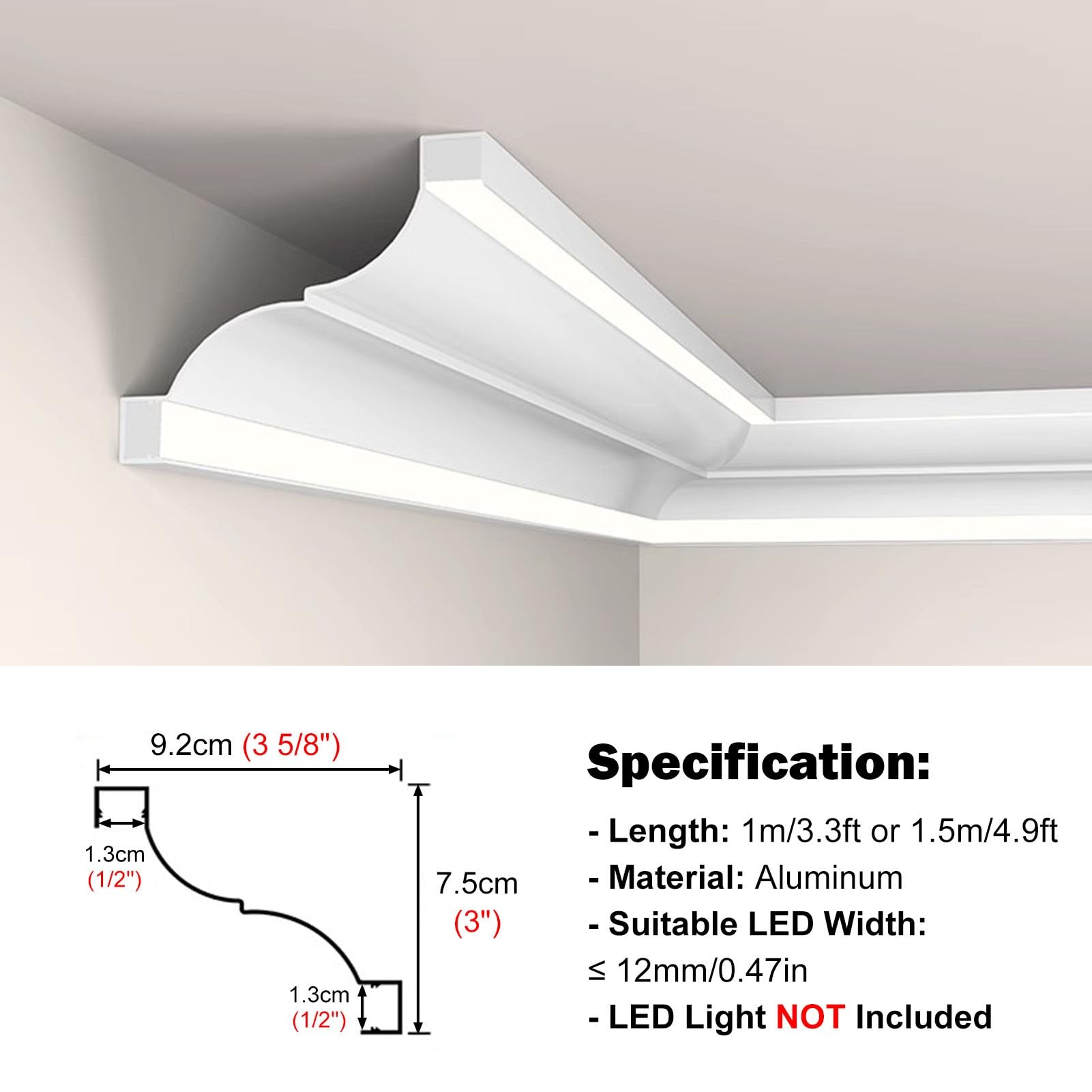 Listwa kanałowa LED, biała, aluminiowa, pośrednia listwa oświetleniowa, do korytarza, salonu, sypialni, listwy przypodłogowej LED, dekoracja sufitowa (1 sztuka, 1 m/3,3 stopy)